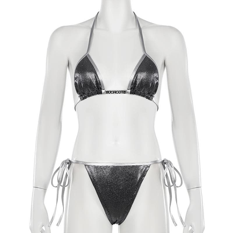 Y2K Halter Polka Dot Metallic Self-Tie Pant Set - Cute Coquette & Grunge Aesthetic Outfit