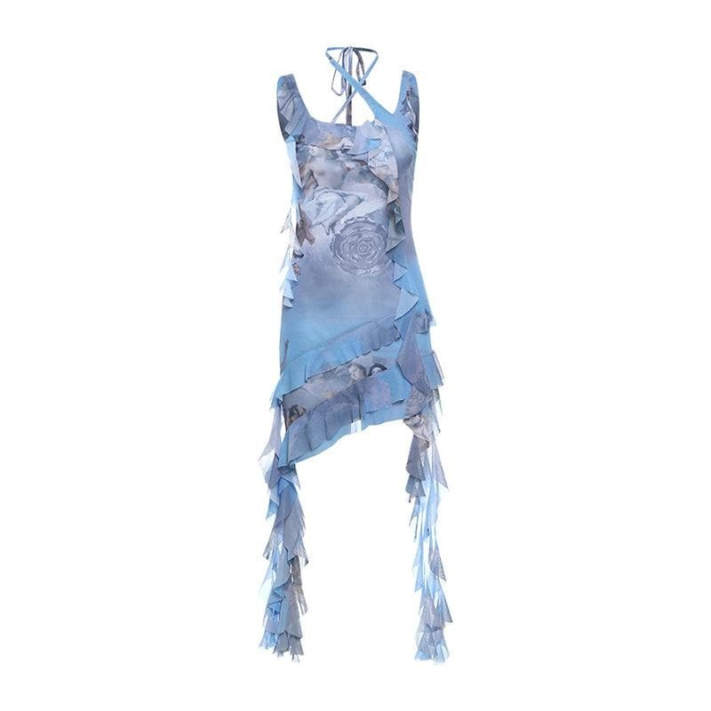 Y2K Halter Print Ruffle Mini Dress - Irregular U Neck for Coquette & Grunge Aesthetic