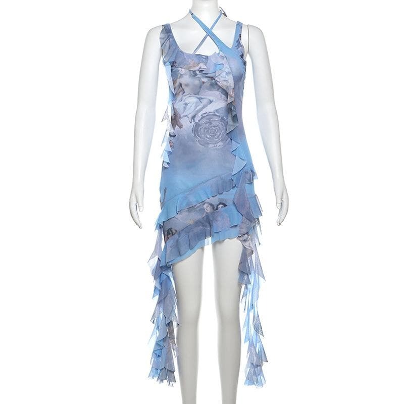 Y2K Halter Print Ruffle Mini Dress - Irregular U Neck for Coquette & Grunge Aesthetic