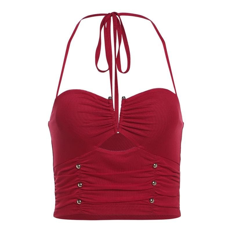 Y2K Halter Ruched Beaded Cut-Out Top - Coquette & Grunge Aesthetic Cute Crop Top