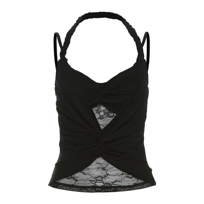 Y2K Halter Ruched Lace Cami Top - Coquette Aesthetic with Vintage Charm