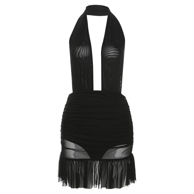 Y2K Halter Ruched Mesh Ruffle Backless Mini Dress - Cute Coquette & Grunge Aesthetic