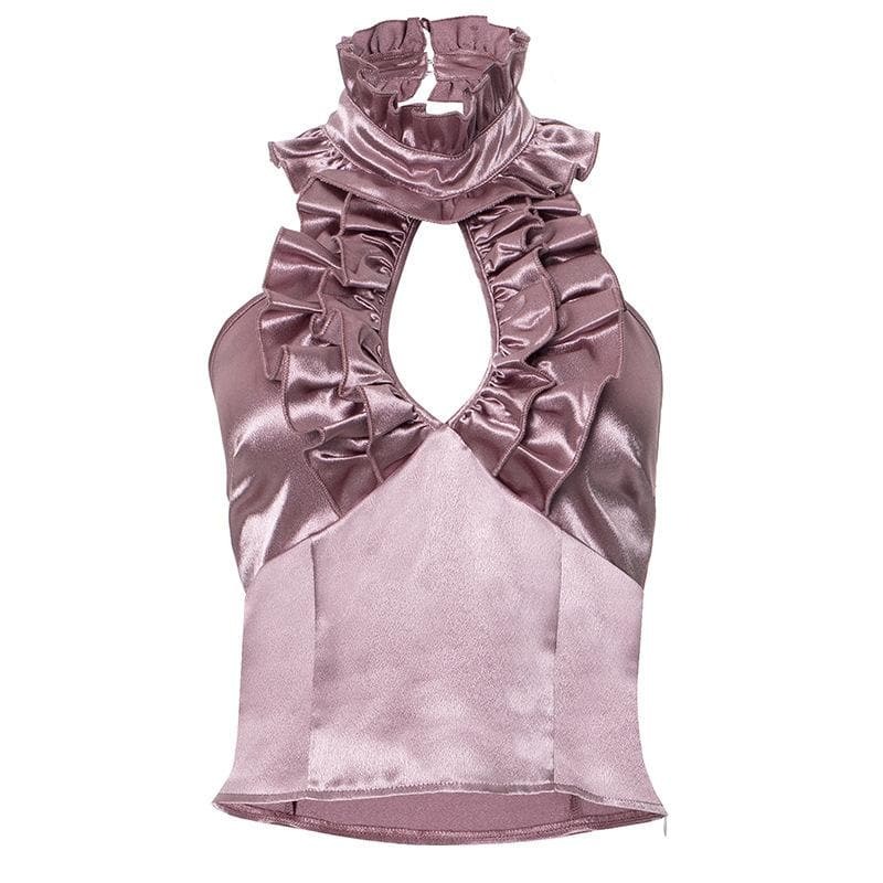 Y2K Halter Ruffle Ruched Backless Top - Cute Pastel Goth & Coquette Aesthetic Fashion