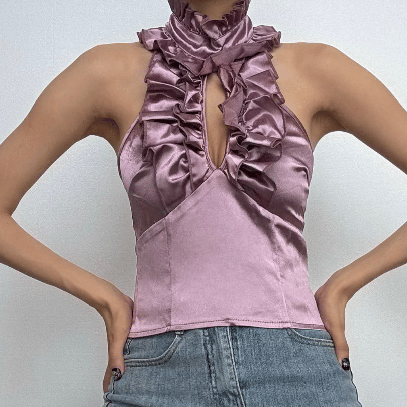 Y2K Halter Ruffle Ruched Backless Top - Cute Pastel Goth & Coquette Aesthetic Fashion