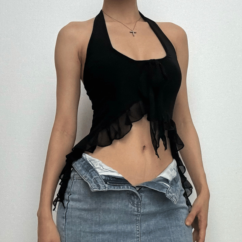 Y2K Halter Ruffle U-Neck Backless Top - Cute Pastel Goth & Coquette Aesthetic Fashion