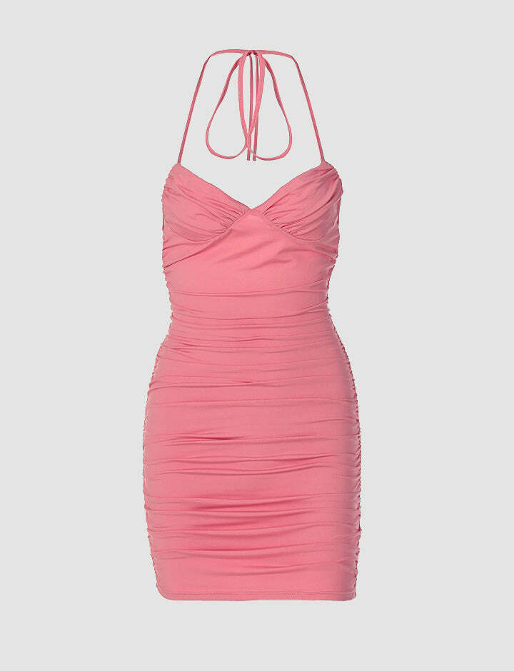 Y2K Halter Ruffle V-Neck Mini Dress - Cute Coquette Aesthetic for Grunge & Pastel Styles