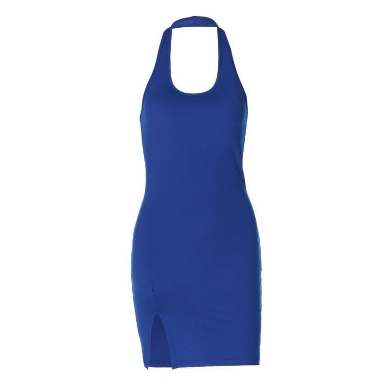 Y2K Halter U-Neck Backless Mini Dress - Cute Solid Slit Design for Coquette & Grunge Aesthetics