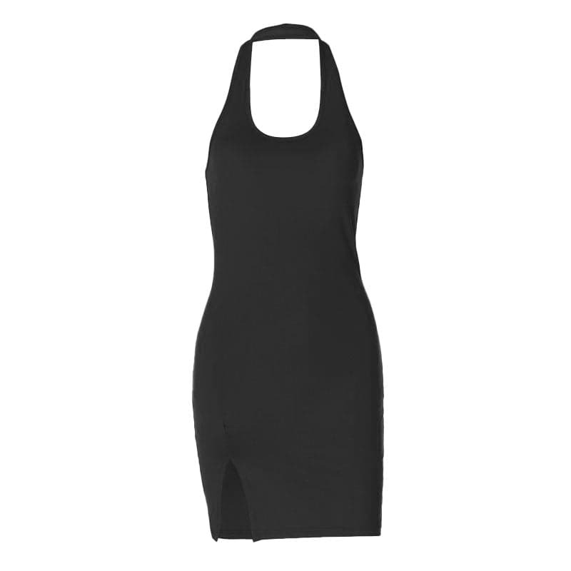 Y2K Halter U-Neck Backless Mini Dress - Cute Solid Slit Design for Coquette & Grunge Aesthetics