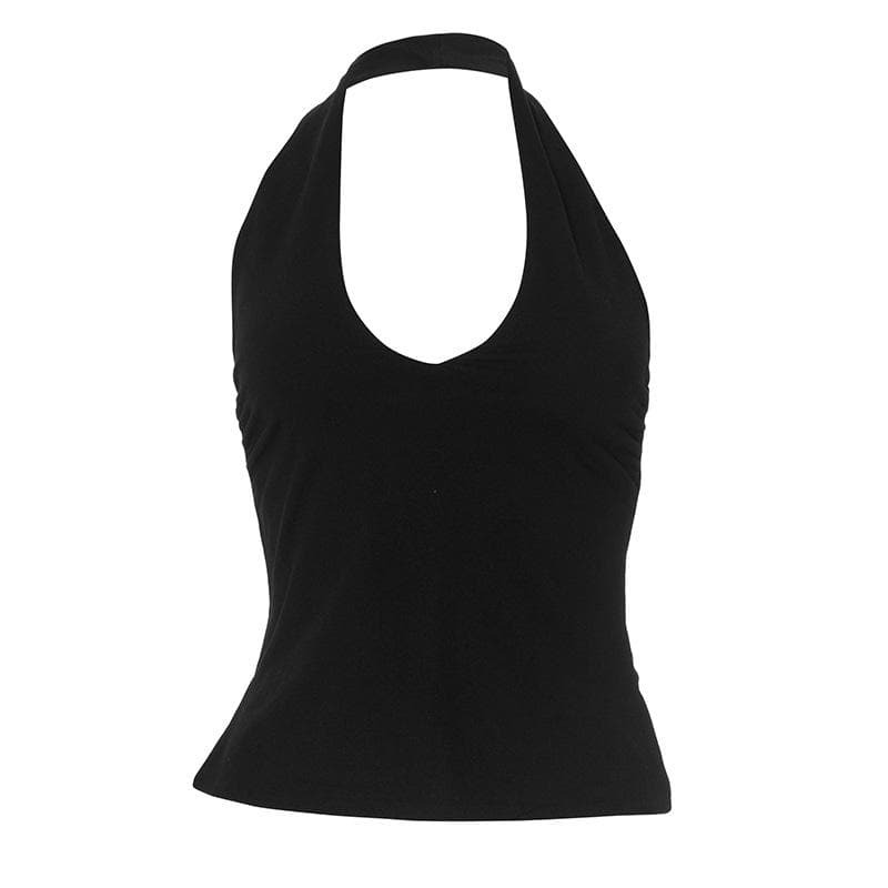 Y2K Halter V-Neck Ruched Backless Top - Cute Pastel Goth & Coquette Aesthetic Fashion