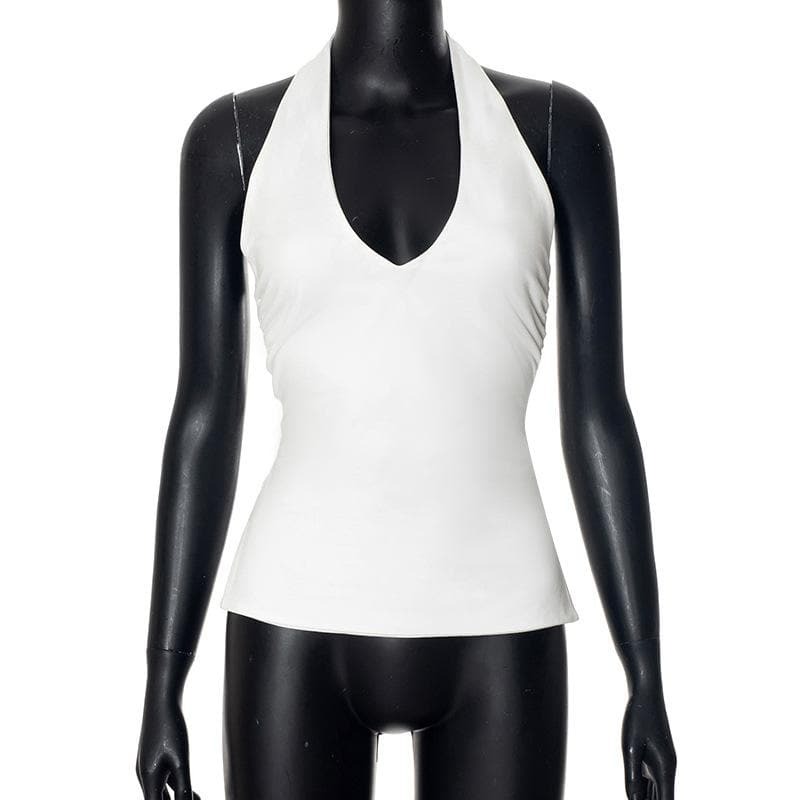 Y2K Halter V-Neck Ruched Backless Top - Cute Pastel Goth & Coquette Aesthetic Fashion