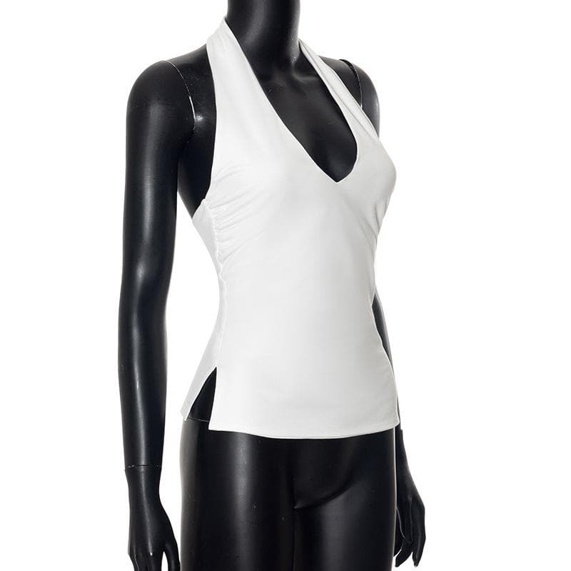 Y2K Halter V-Neck Ruched Backless Top - Cute Pastel Goth & Coquette Aesthetic Fashion