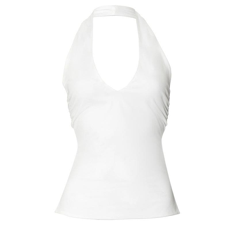 Y2K Halter V-Neck Ruched Backless Top - Cute Pastel Goth & Coquette Aesthetic Fashion
