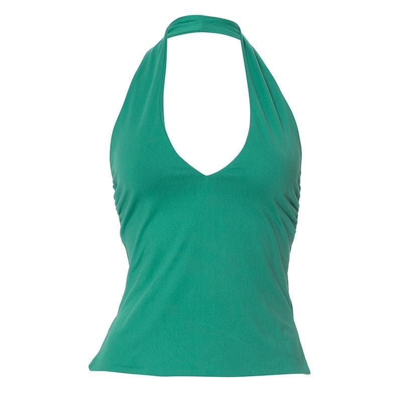 Y2K Halter V-Neck Ruched Backless Top - Cute Pastel Goth & Coquette Aesthetic Fashion