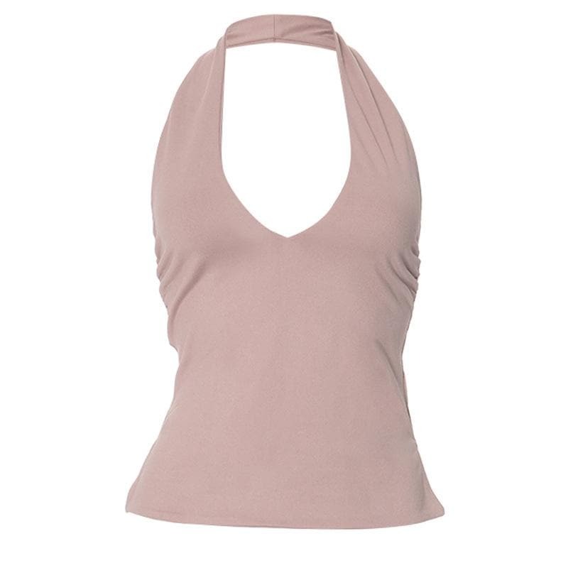 Y2K Halter V-Neck Ruched Backless Top - Cute Pastel Goth & Coquette Aesthetic Fashion