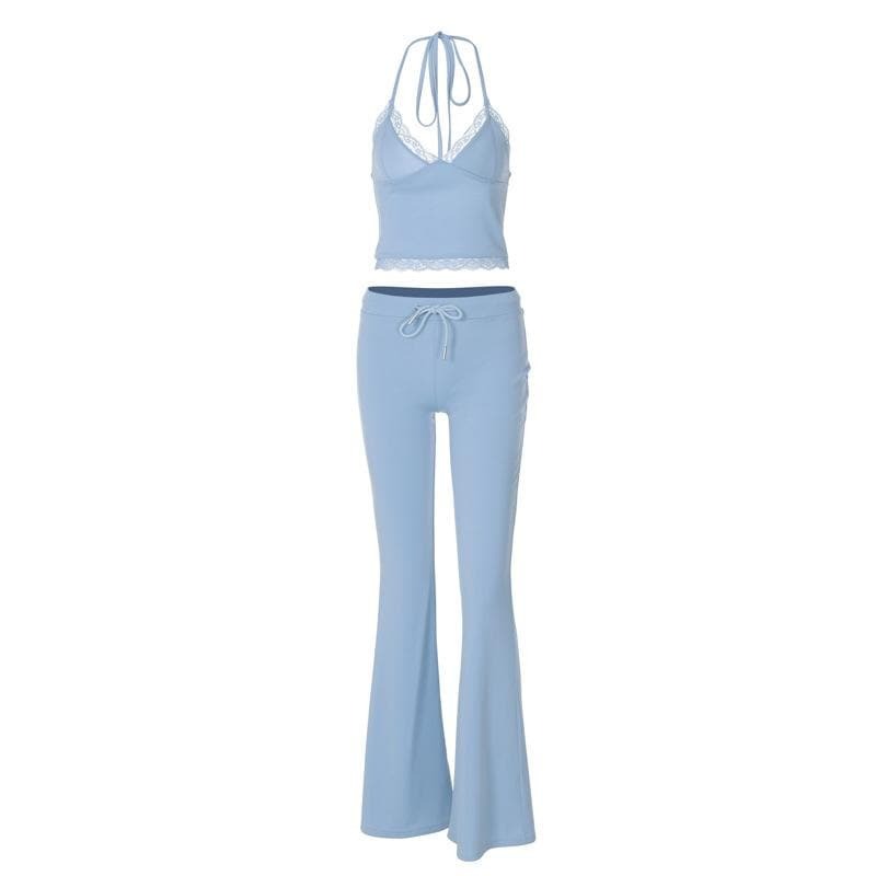 Y2K Halter V-Neck Ruched Lace Hem Pant Set - Cute Coquette & Grunge Aesthetic Outfit