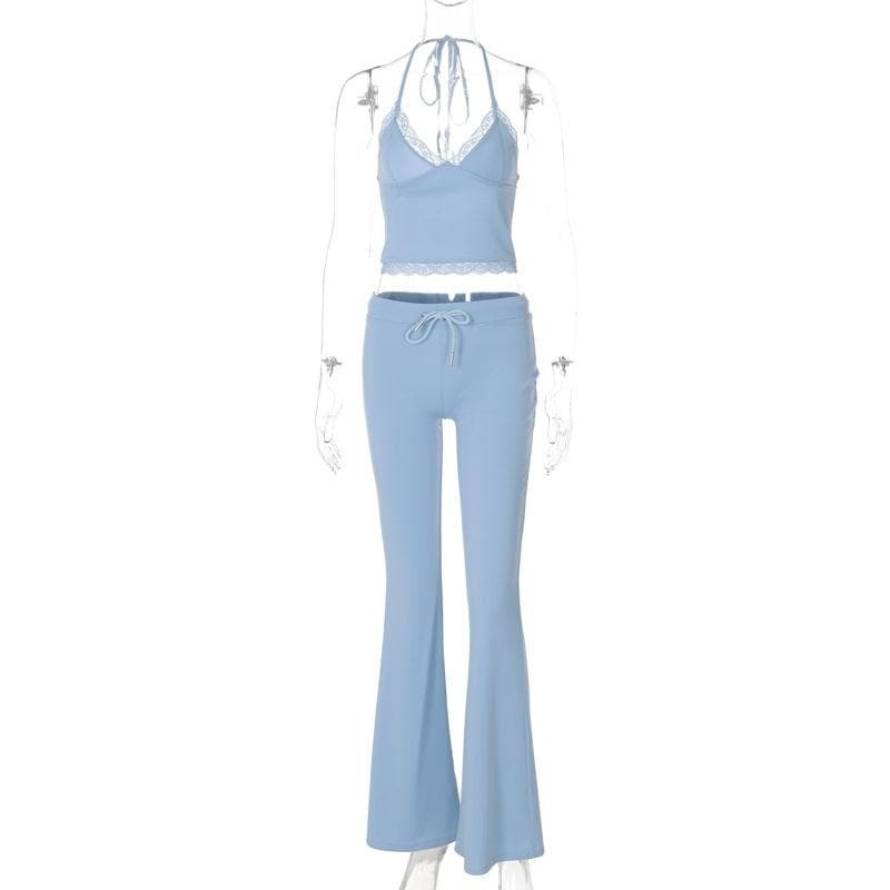 Y2K Halter V-Neck Ruched Lace Hem Pant Set - Cute Coquette & Grunge Aesthetic Outfit