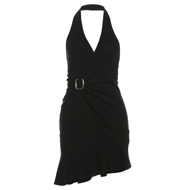 Y2K Halter V-Neck Ruffle Backless Mini Dress - Cute Coquette & Grunge Aesthetic Style