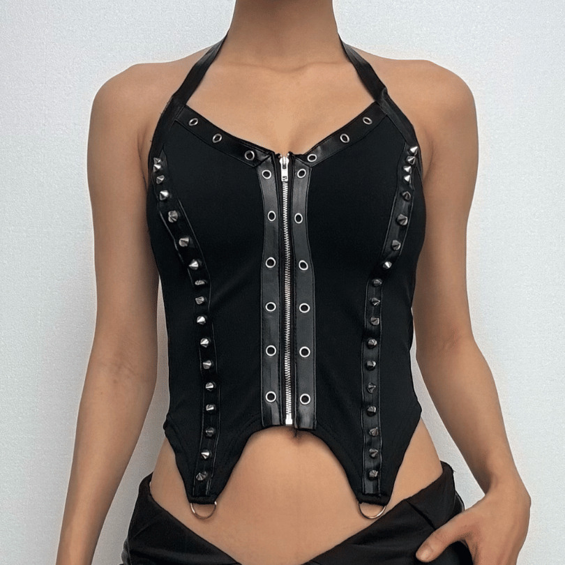 Y2K Halter Zip-Up Rivet O-Ring V-Neck Top - Cute Grunge Aesthetic for Trendy Outfits