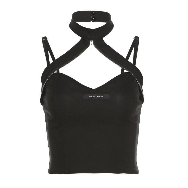 Y2K Heart Neck Zip Halter Crop Top - Cute Coquette & Grunge Aesthetic Fashion