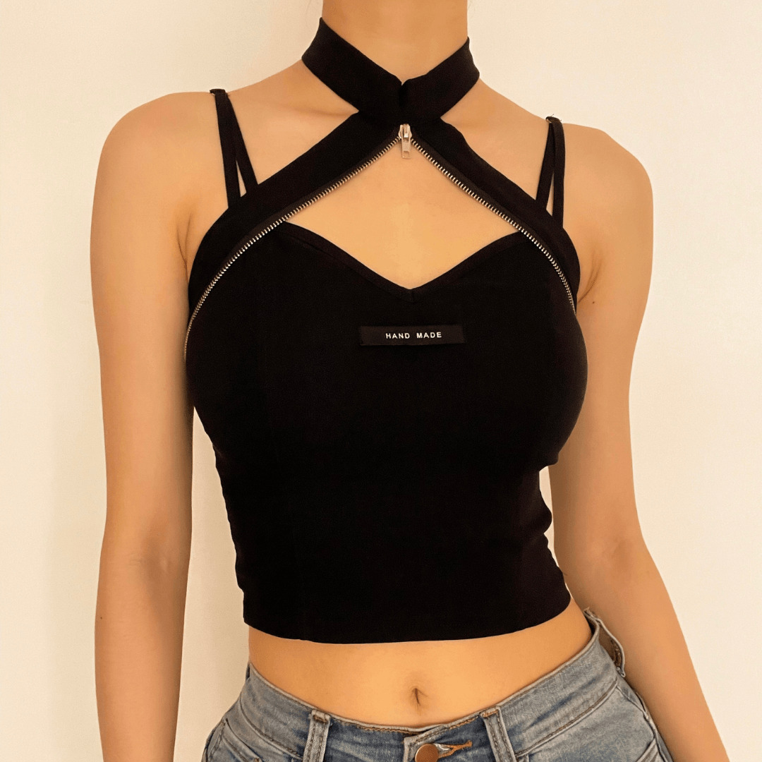 Y2K Heart Neck Zip Halter Crop Top - Cute Coquette & Grunge Aesthetic Fashion