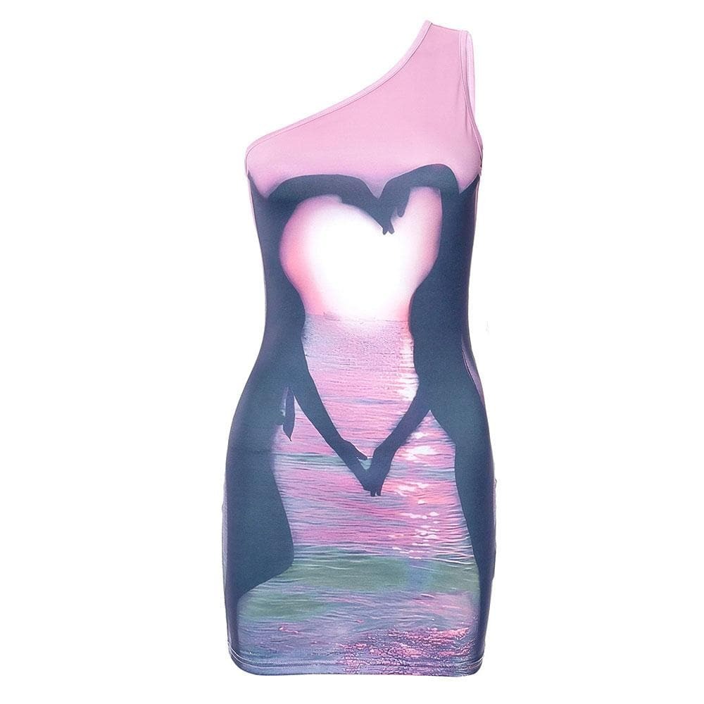 Y2K Heart Pattern One Shoulder Mini Dress - Irregular Contrast for Coquette & Grunge Aesthetic