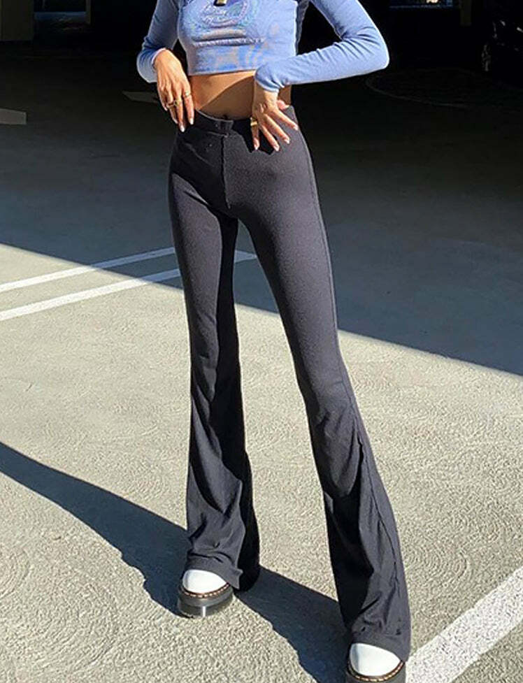 Y2K High-Waisted Flared Black Pants for Grunge Aesthetic & Coquette Style Outfits