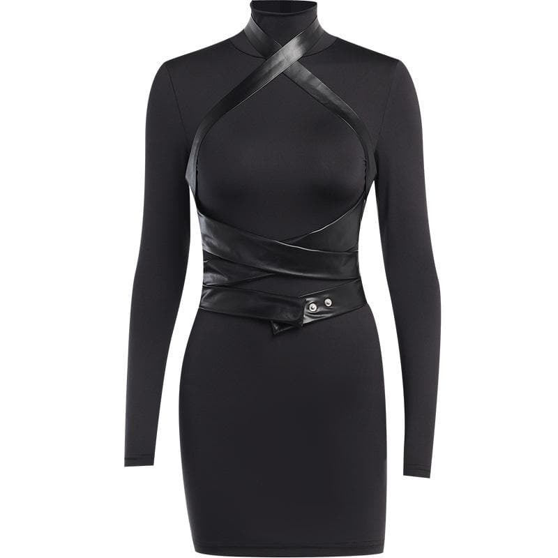 Y2K High Neck Cross Front Mini Dress - Grunge & Coquette Aesthetic Zip-Up Style