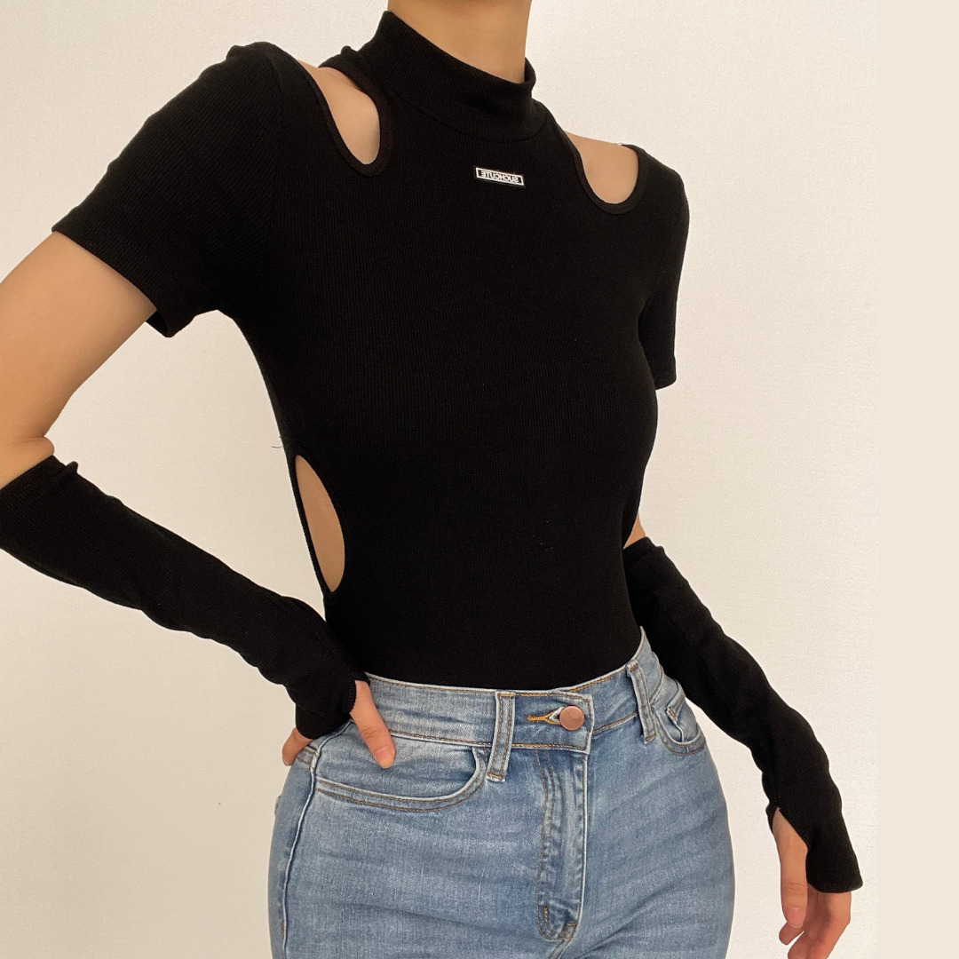Y2K High Neck Hollow Out Short Sleeve Bodysuit - Cute Grunge & Coquette Aesthetic Top