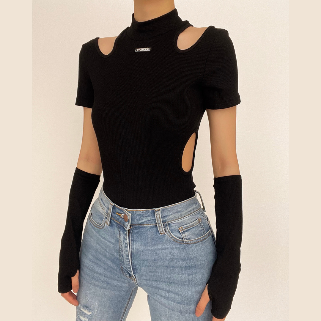 Y2K High Neck Hollow Out Short Sleeve Bodysuit - Cute Grunge & Coquette Aesthetic Top