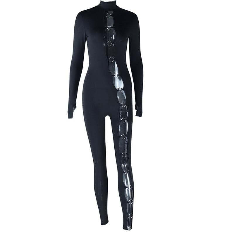 Y2K High Neck Irregular Jumpsuit with O-Ring Detail - Grunge & Coquette Aesthetic