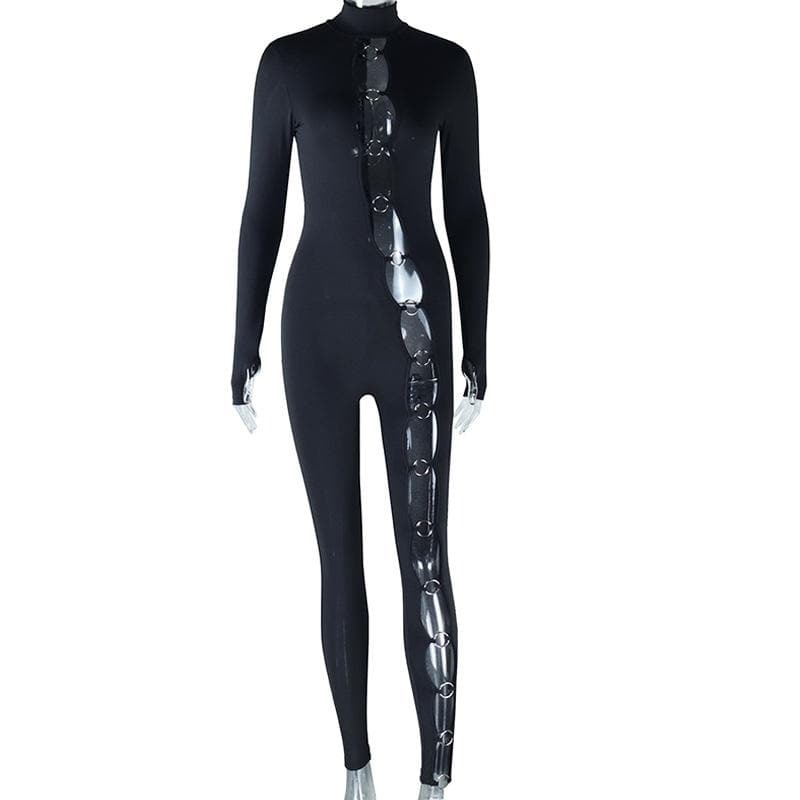 Y2K High Neck Irregular Jumpsuit with O-Ring Detail - Grunge & Coquette Aesthetic