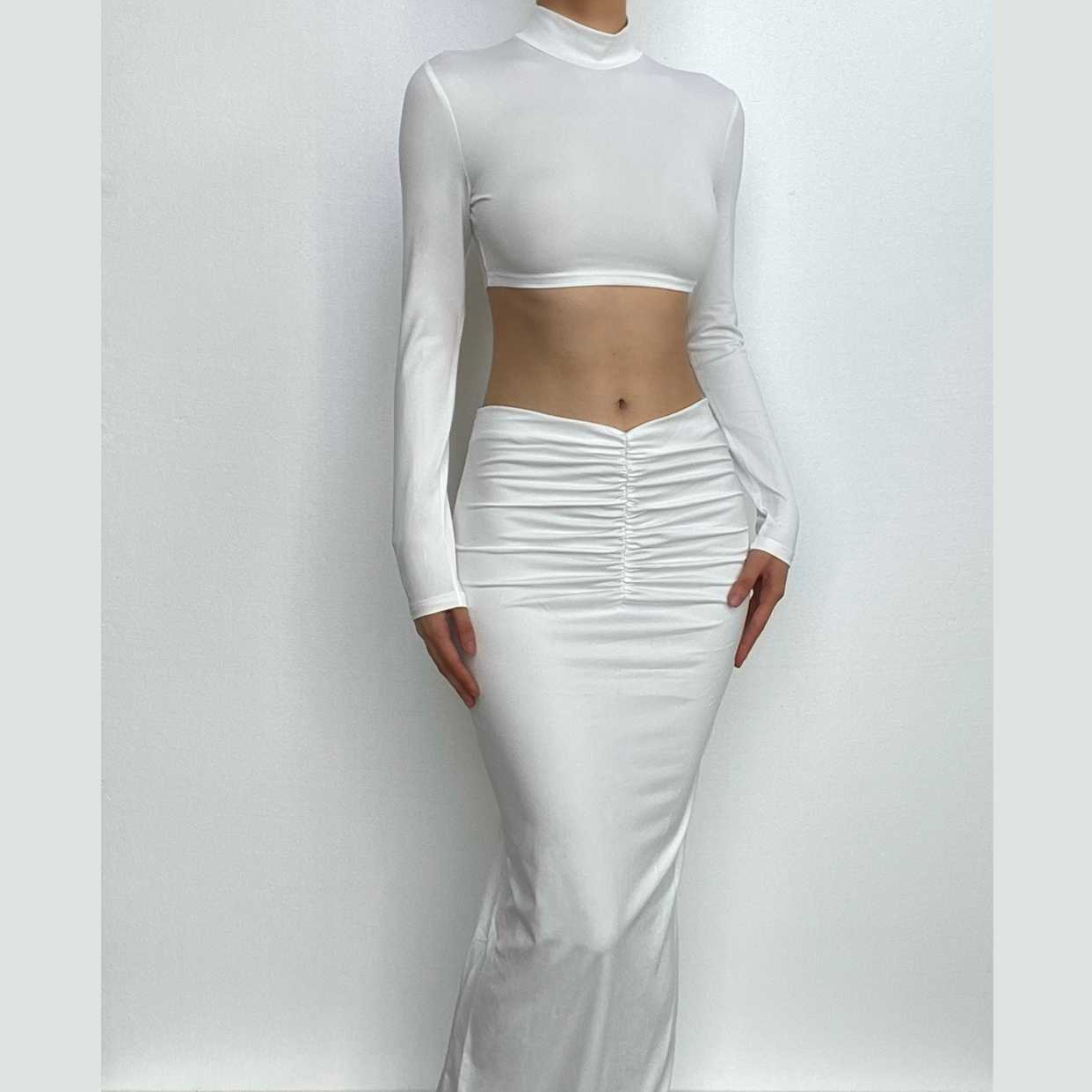 Y2K High Neck Long Sleeve Ruched Maxi Skirt Set - Coquette & Grunge Aesthetic Fashion