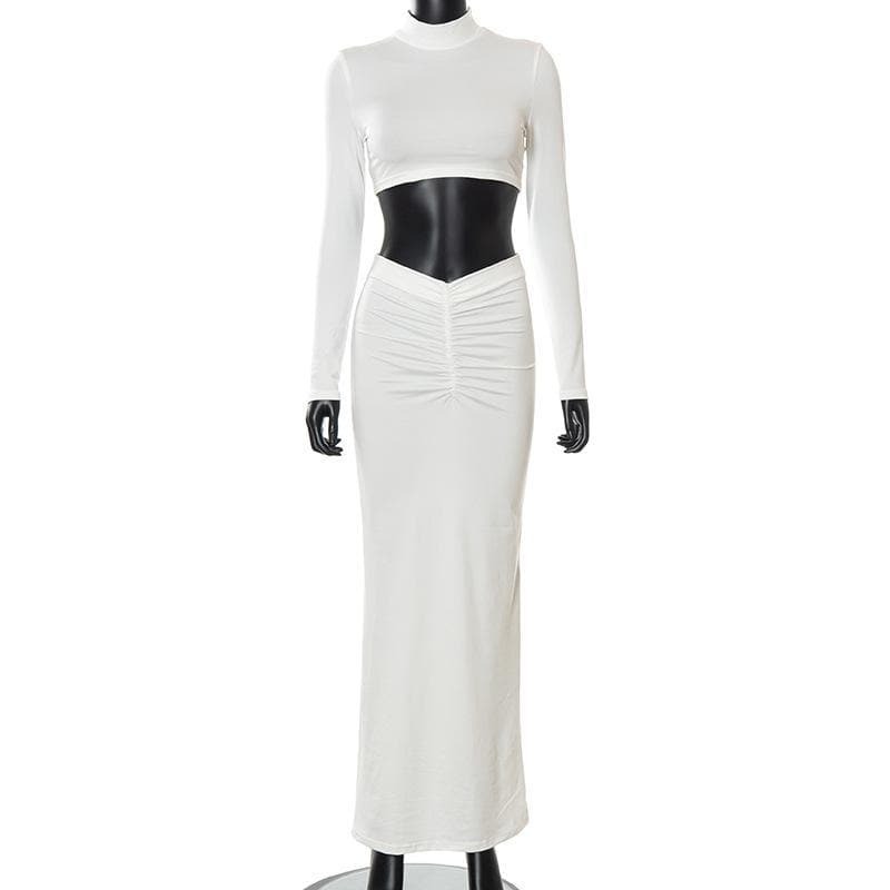 Y2K High Neck Long Sleeve Ruched Maxi Skirt Set - Coquette & Grunge Aesthetic Fashion