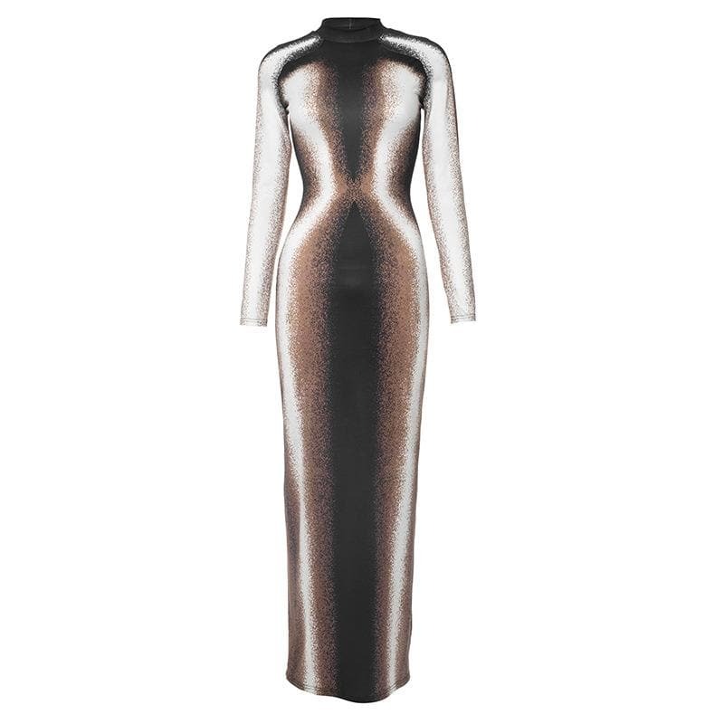 Y2K High Neck Long Sleeve Slit Maxi Dress - Grunge Aesthetic & Coquette Style Fusion