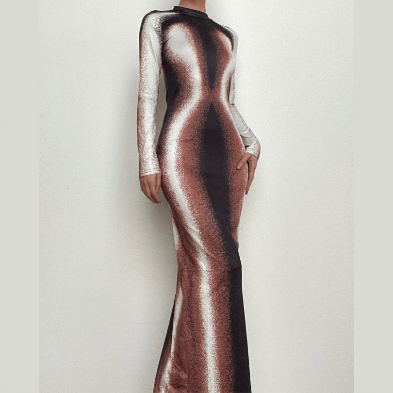 Y2K High Neck Long Sleeve Slit Maxi Dress - Grunge Aesthetic & Coquette Style Fusion
