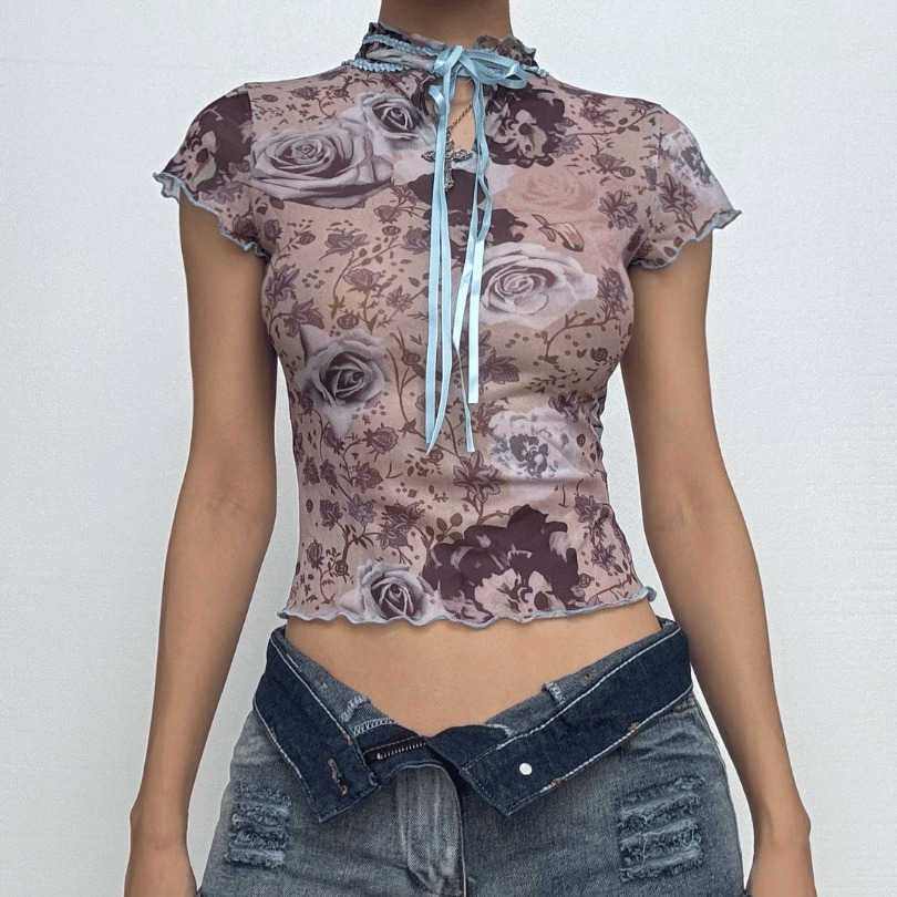 Y2K High Neck Mesh Knotted Top - Cute Coquette & Grunge Aesthetic Short Sleeve Shirt