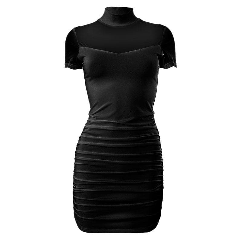 Y2K High Neck Mesh Patchwork Ruched Mini Dress - Cute Coquette & Grunge Aesthetic Style