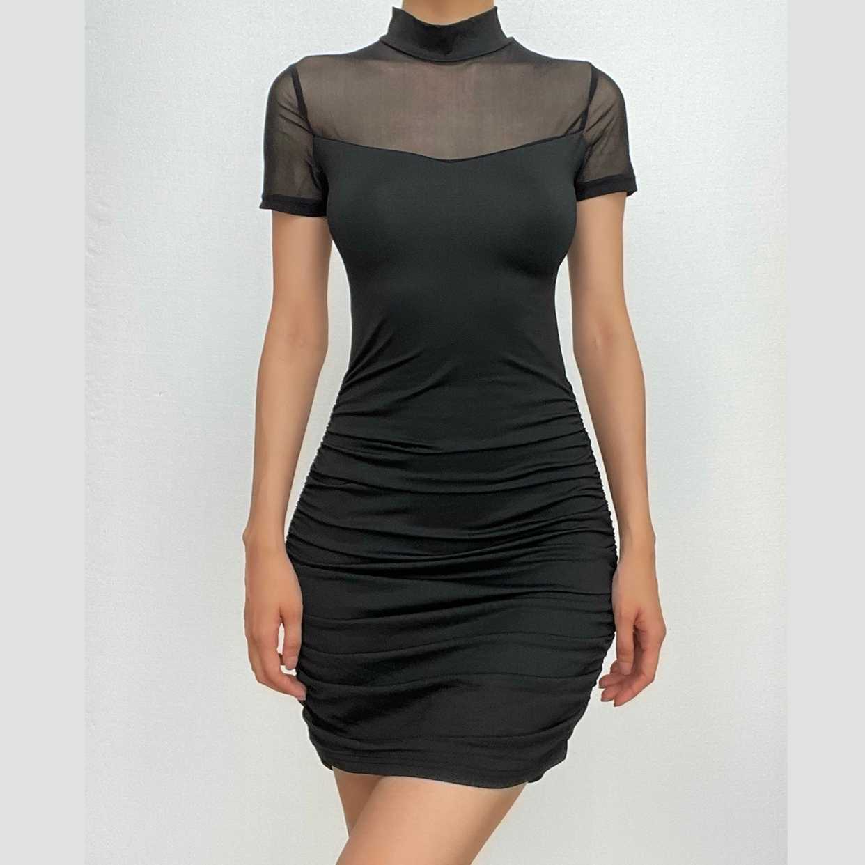 Y2K High Neck Mesh Patchwork Ruched Mini Dress - Cute Coquette & Grunge Aesthetic Style