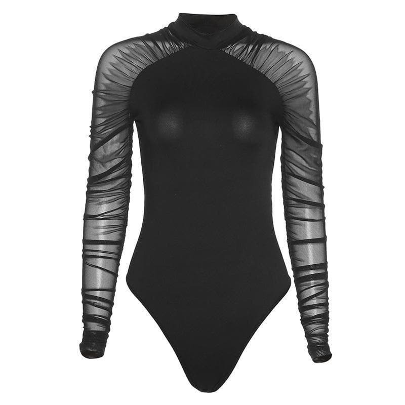 Y2K High Neck Mesh Ruched Bodysuit - Cute Grunge Aesthetic Top for Stylish Outfits