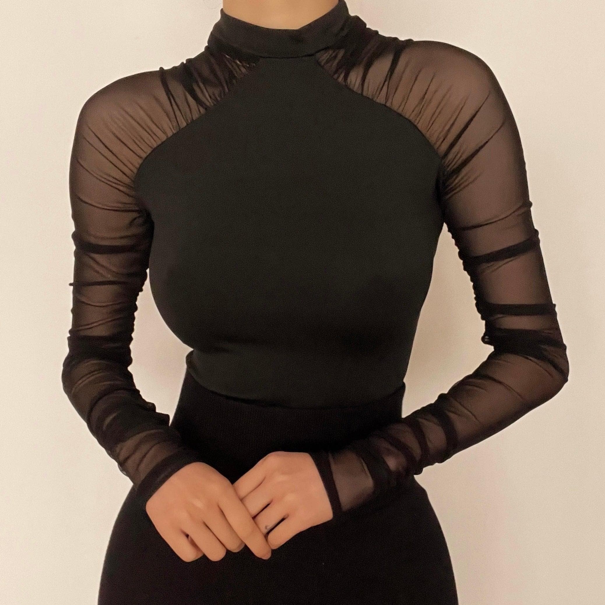 Y2K High Neck Mesh Ruched Bodysuit - Cute Grunge Aesthetic Top for Stylish Outfits
