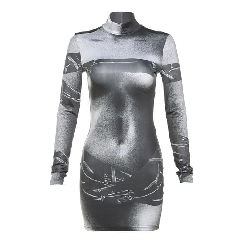 Y2K High Neck Mini Dress with Long Sleeves - Cute Coquette & Grunge Aesthetic Style