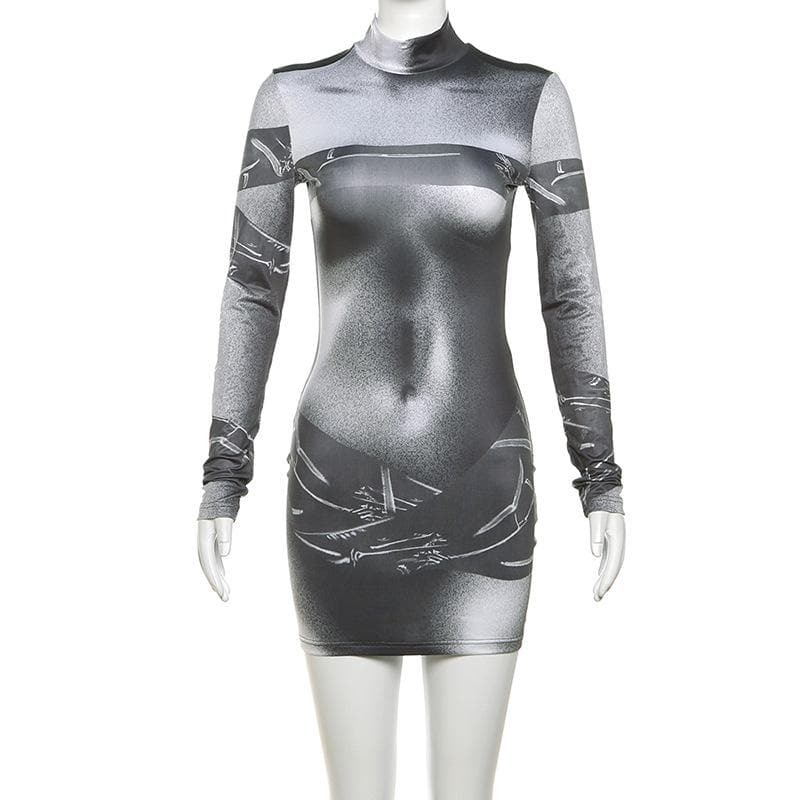 Y2K High Neck Mini Dress with Long Sleeves - Cute Coquette & Grunge Aesthetic Style