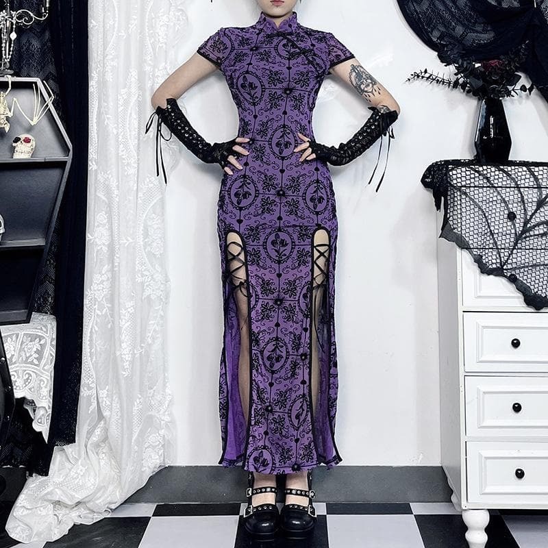 Y2K High Neck Print Midi Dress with High Slit - Coquette & Grunge Aesthetic Style