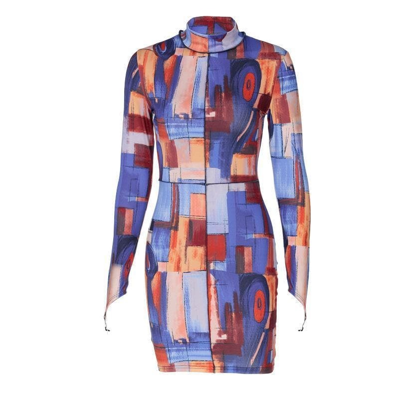 Y2K High Neck Printed Mini Dress - Coquette Aesthetic with Grunge Style Vibes
