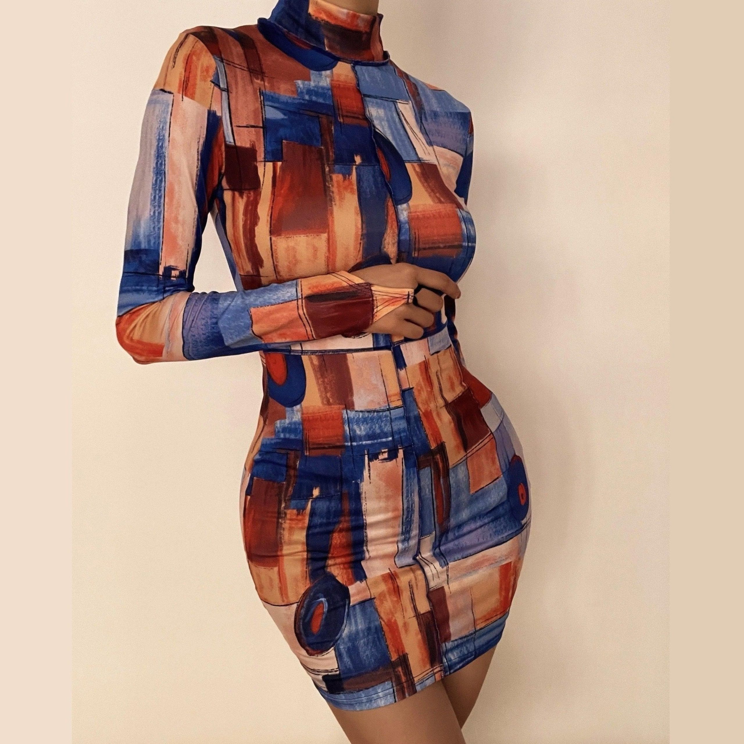 Y2K High Neck Printed Mini Dress - Coquette Aesthetic with Grunge Style Vibes