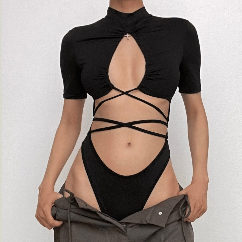 Y2K High Neck Ruched Lace-Up Bodysuit - Cute Grunge & Coquette Aesthetic Top