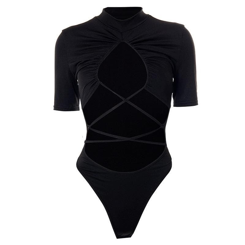 Y2K High Neck Ruched Lace-Up Bodysuit - Cute Grunge & Coquette Aesthetic Top