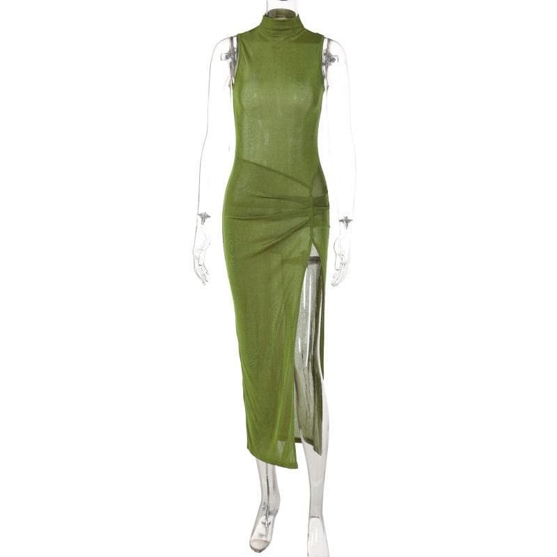 Y2K High Neck Ruched Slit Midi Dress - Irregular Sheer Design for Coquette & Grunge Aesthetic
