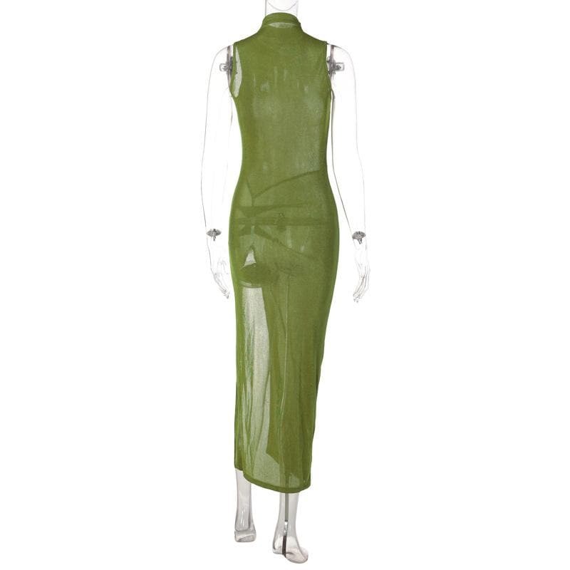 Y2K High Neck Ruched Slit Midi Dress - Irregular Sheer Design for Coquette & Grunge Aesthetic
