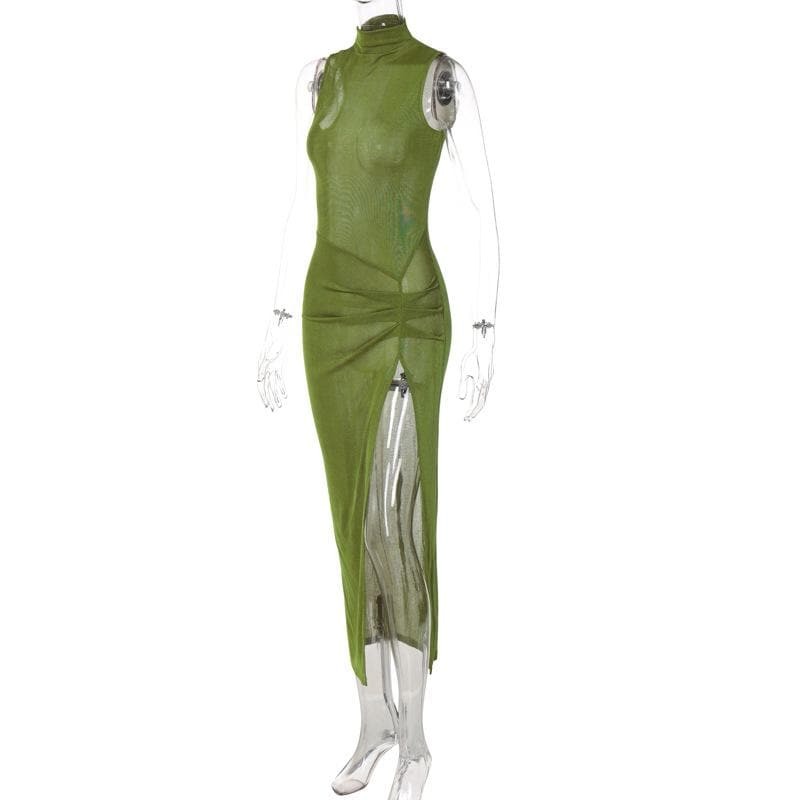 Y2K High Neck Ruched Slit Midi Dress - Irregular Sheer Design for Coquette & Grunge Aesthetic